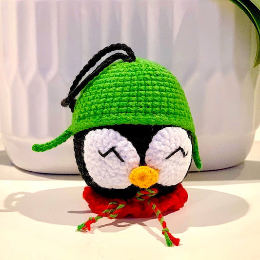 Penguin Head - Green Hat - Handmade Crochet Ornament