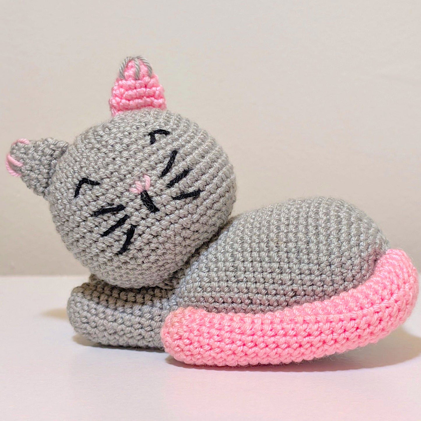 Gray Cat Resting with Pink Tail - Amigurumi Plushie