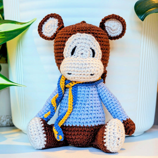 Monkey Amigurumi in Blue and Yellow Scarf - Medium