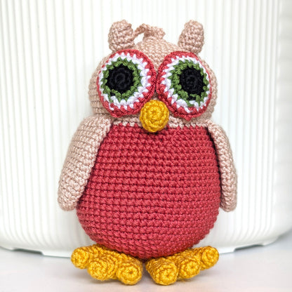 Owl Amigurumi - Brilliant Amaranth and Beige Crochet Bird