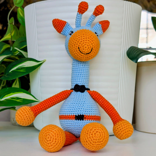 Giraffe “Benny” in Sky Blue & Orange – Handmade Crochet Plushie