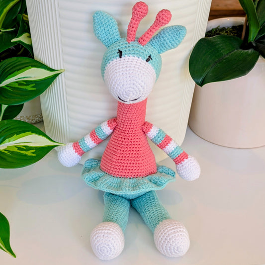 Giraffe “Tansy” in Soft Turquoise and Coral – Handmade Crochet Plushie