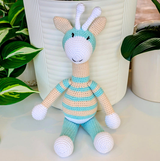 Giraffe “Mina” in Soft Turquoise and Cream – Handmade Crochet Plushie