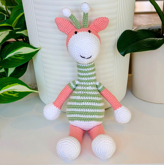 Giraffe “Rosie” in Coral & Sage – Handmade Crochet Plushie