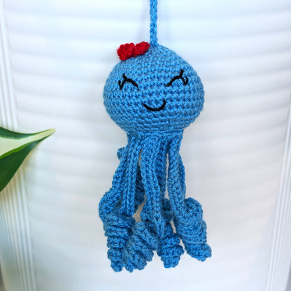 Octopus in Azure with Bow Amigurumi - Handmade Crochet Charm