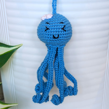 Octopus in Azure with Bow Amigurumi - Handmade Crochet Charm