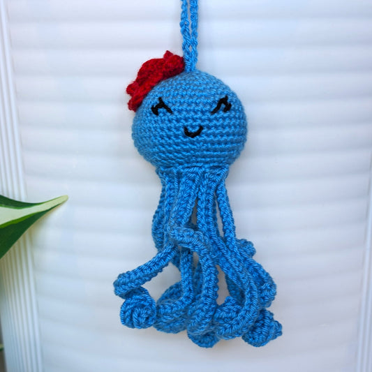 Octopus in Azure with Flower Amigurumi - Handmade Crochet Charm