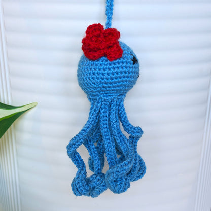 Octopus in Azure with Flower Amigurumi - Handmade Crochet Charm