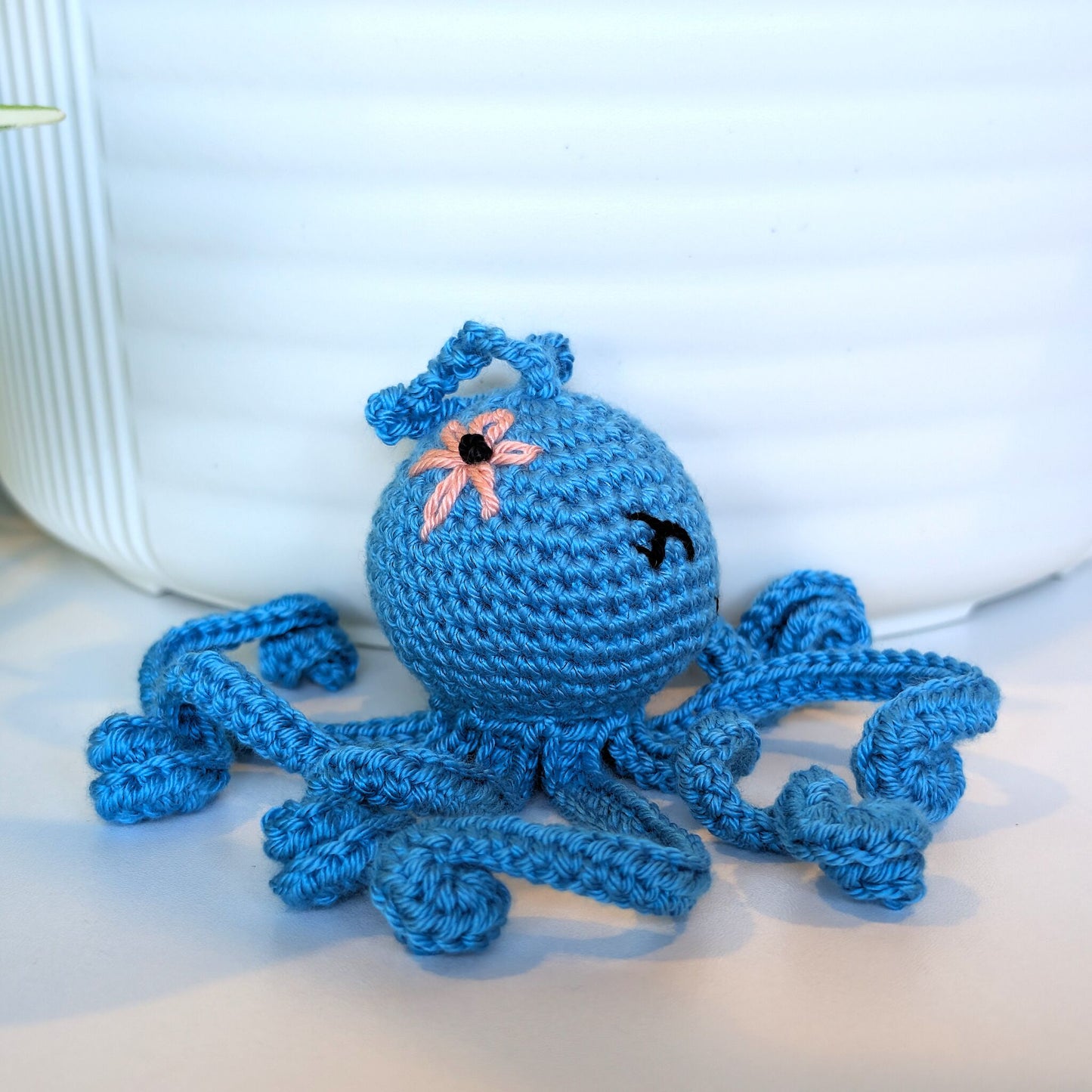 Octopus in Azure with Flower Amigurumi - Handmade Crochet Charm
