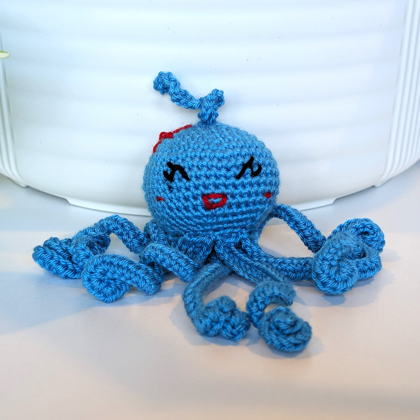 Octopus in Azure with Flower Amigurumi - Handmade Crochet Charm