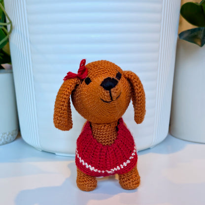 Dachshund Dog (with Bow Clip) Crochet Plush - Ginger