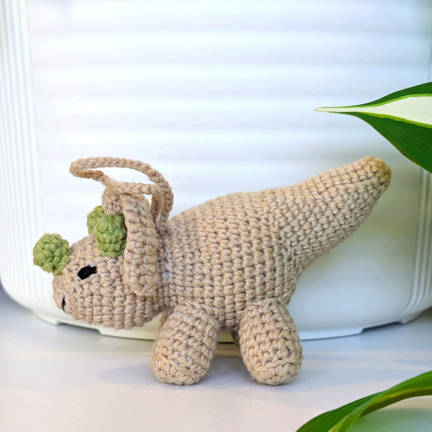 Triceratops Beige Plush Charm - Crochet Dino