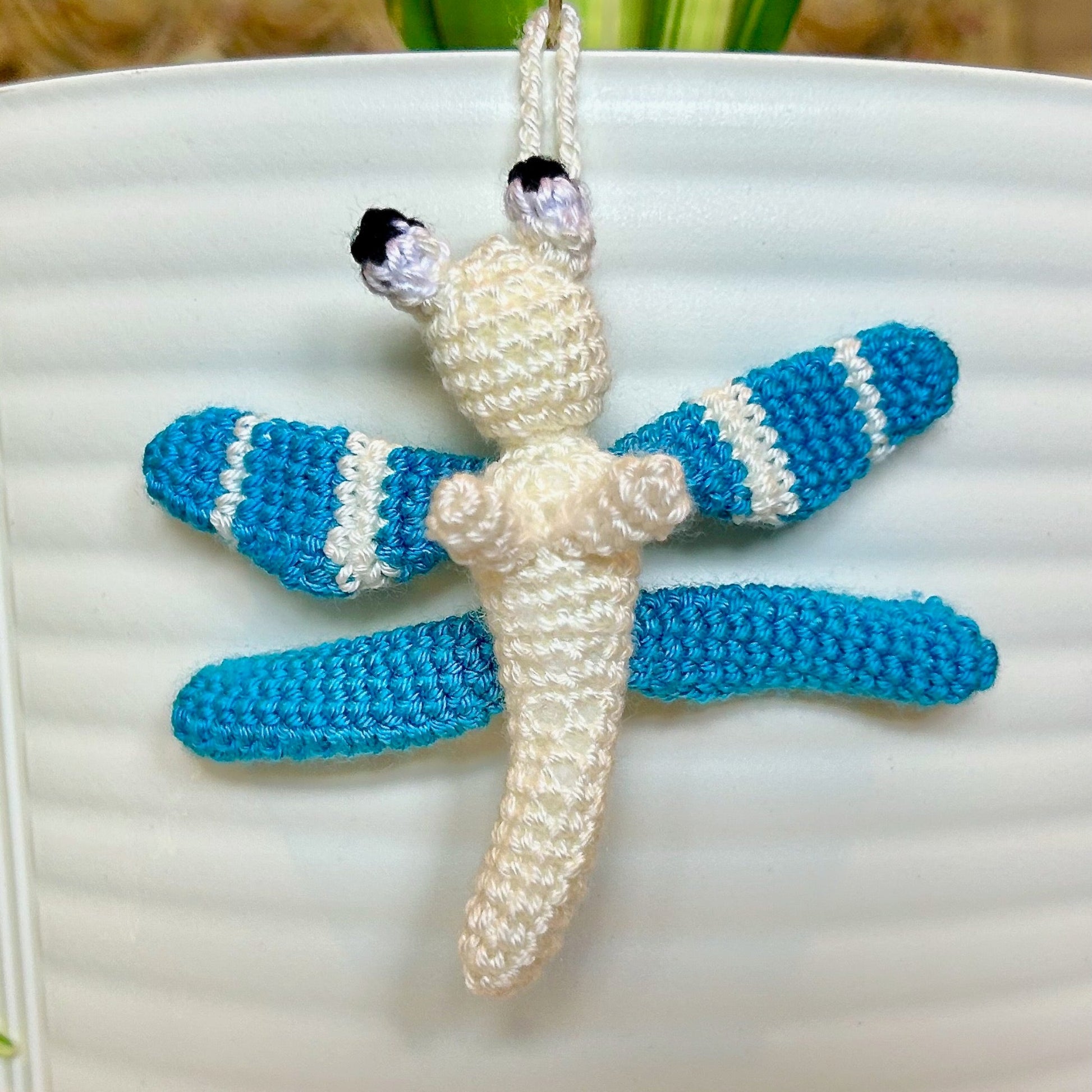 Mini crocheted azure and cream dragonfly charm 