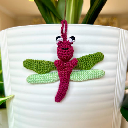 Mini crocheted berry, moss green, and mint green dragonfly charm
