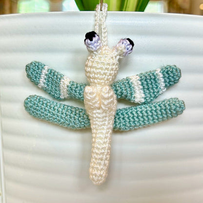 Mini crocheted seafoam and cream dragonfly charm 