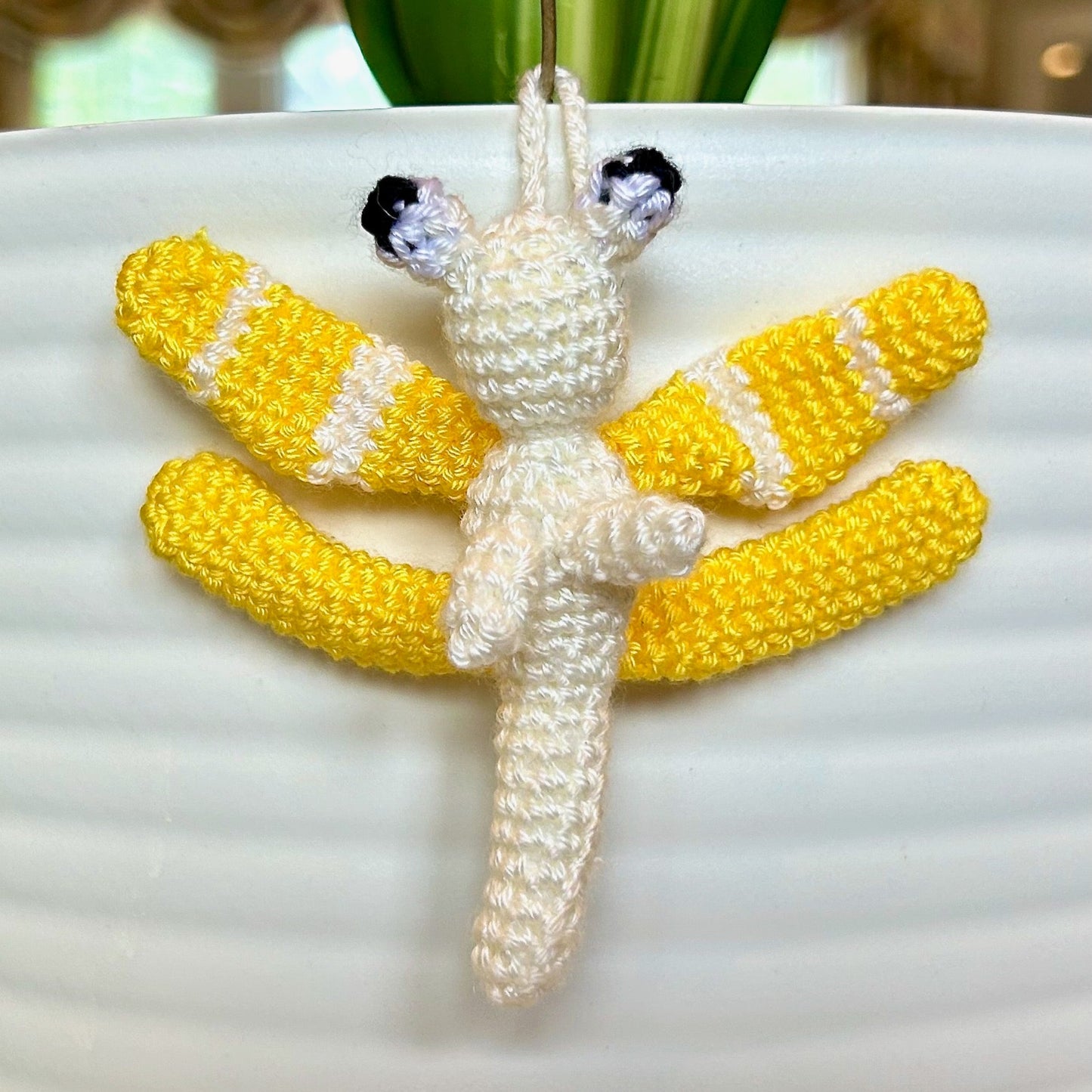 Mini crocheted yellow and cream dragonfly charm 