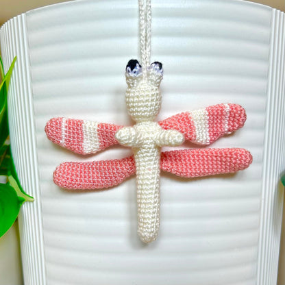 Crochet small melon pink and cream dragonfly charm