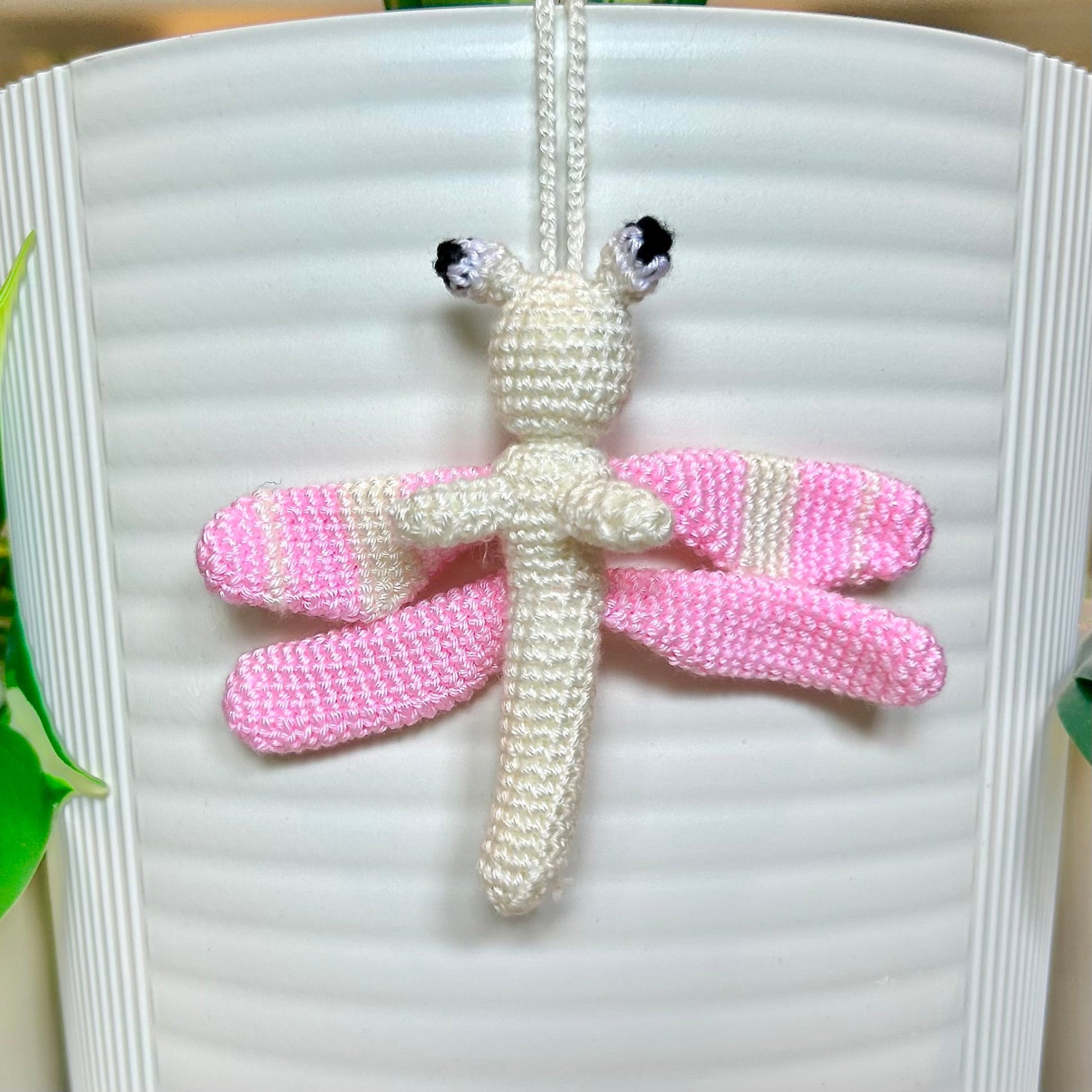 Crochet small pink and cream dragonfly bag charm
