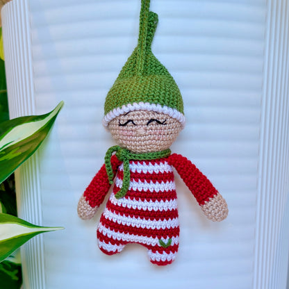Elf in Red (Squinting with Lashes) Amigurumi - Handmade Crochet Ornament