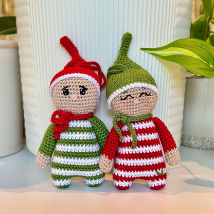 Elf in Red (Squinting with Lashes) Amigurumi - Handmade Crochet Ornament