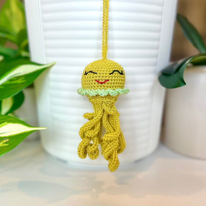 Crocheted chartreuse jellyfish bag charm with mint green trim 