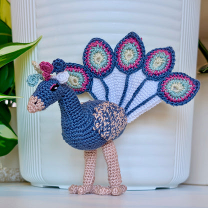 Crocheted peacock in steel blue gray with Wild Orchid and Seafoam accents