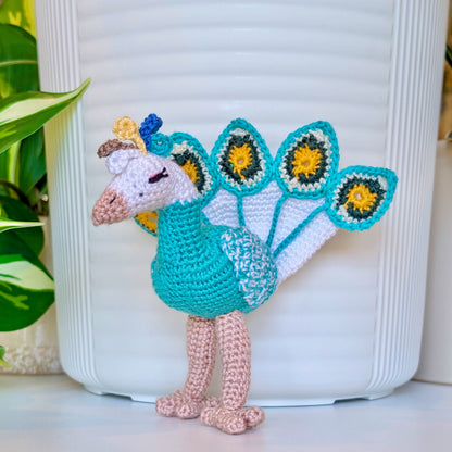Turquoise crochet peacock with White, Evergreen, and sunflower Yellow accents