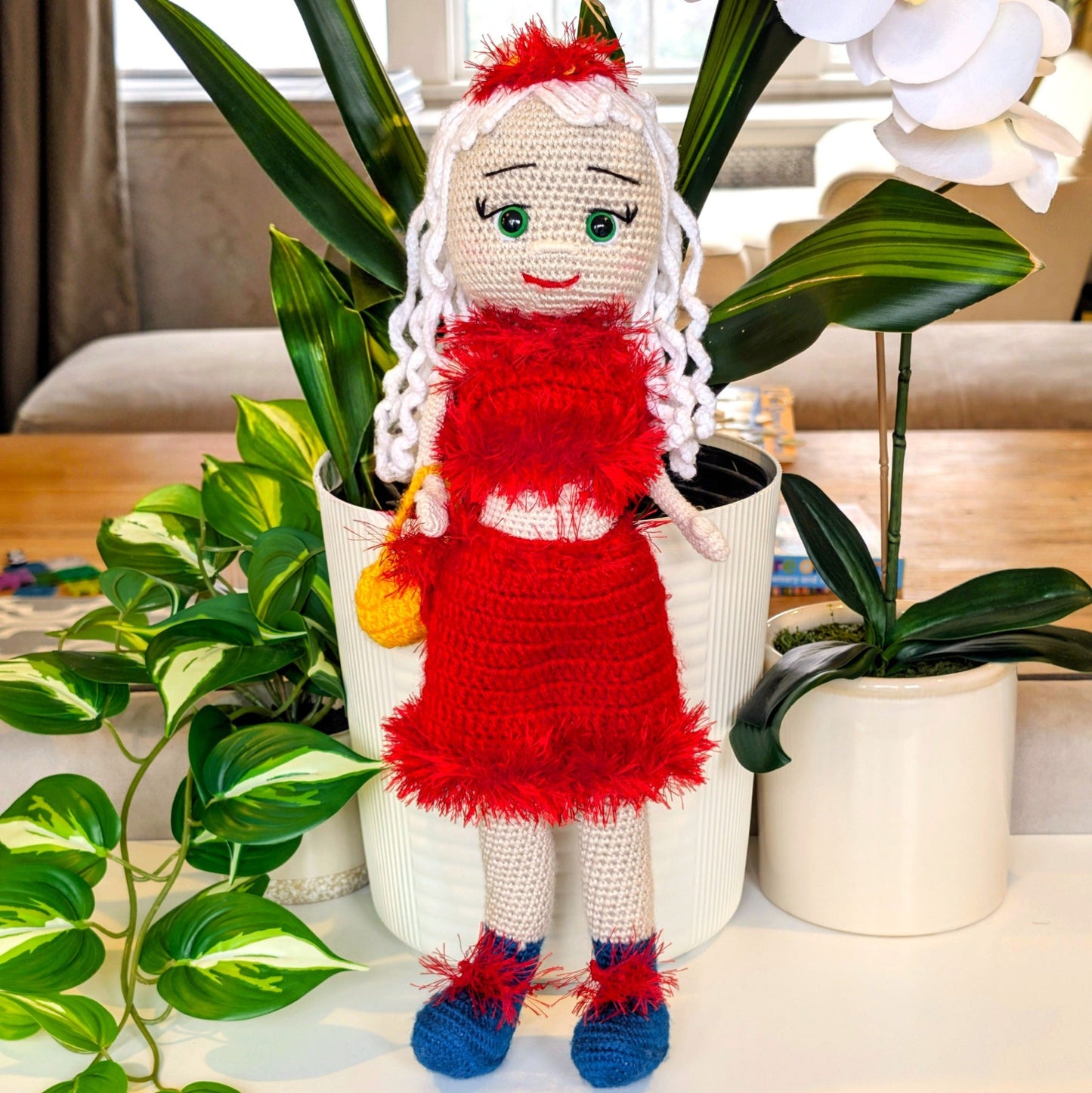 Red Dress White Curls Doll Amigurumi - Crochet Plushie