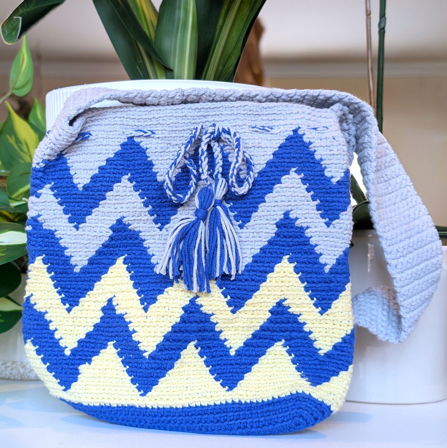 Shoulder Bag - Blue & Yellow Zigzag Crochet