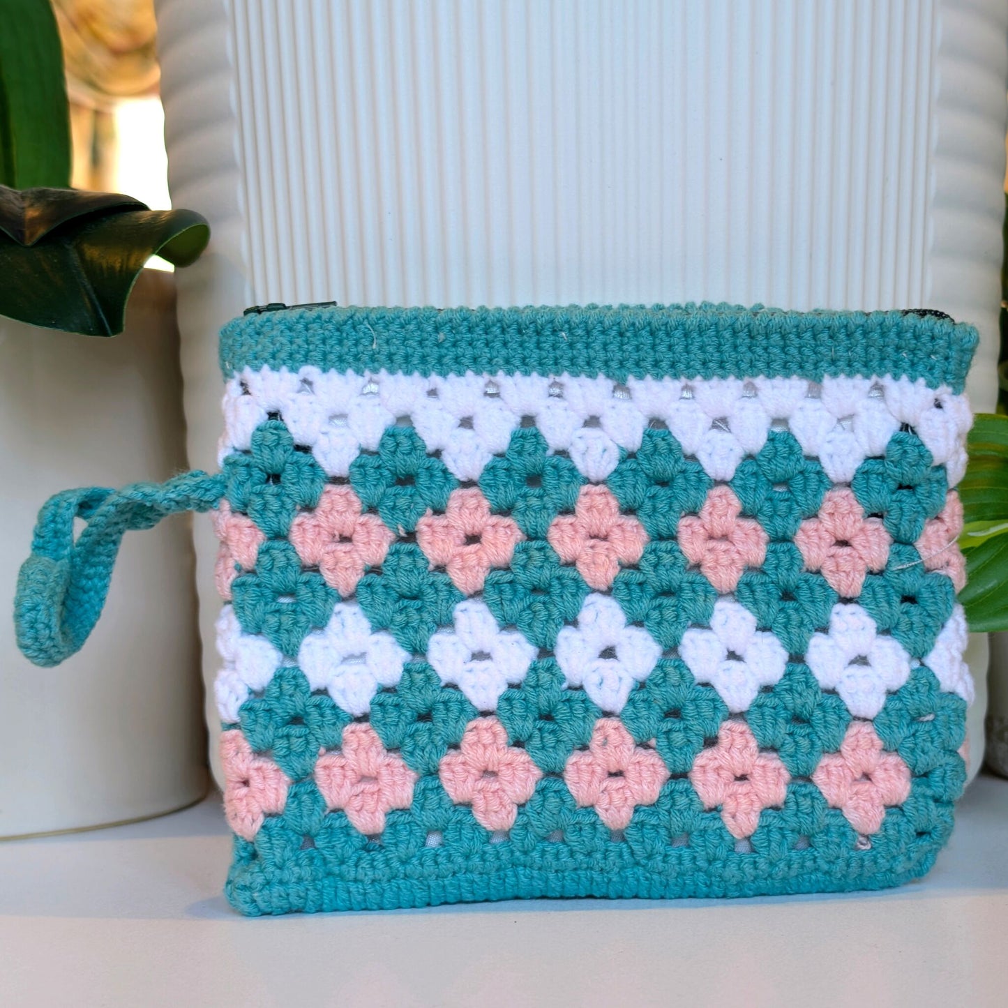 Wristlet Bag - Pink Teal White -  Teal Zipper