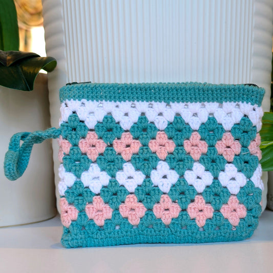 Wristlet Bag - Pink Teal White -  Teal Zipper