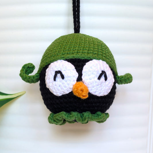 Penguin Head with Green Hat - Handmade Crochet Ornament