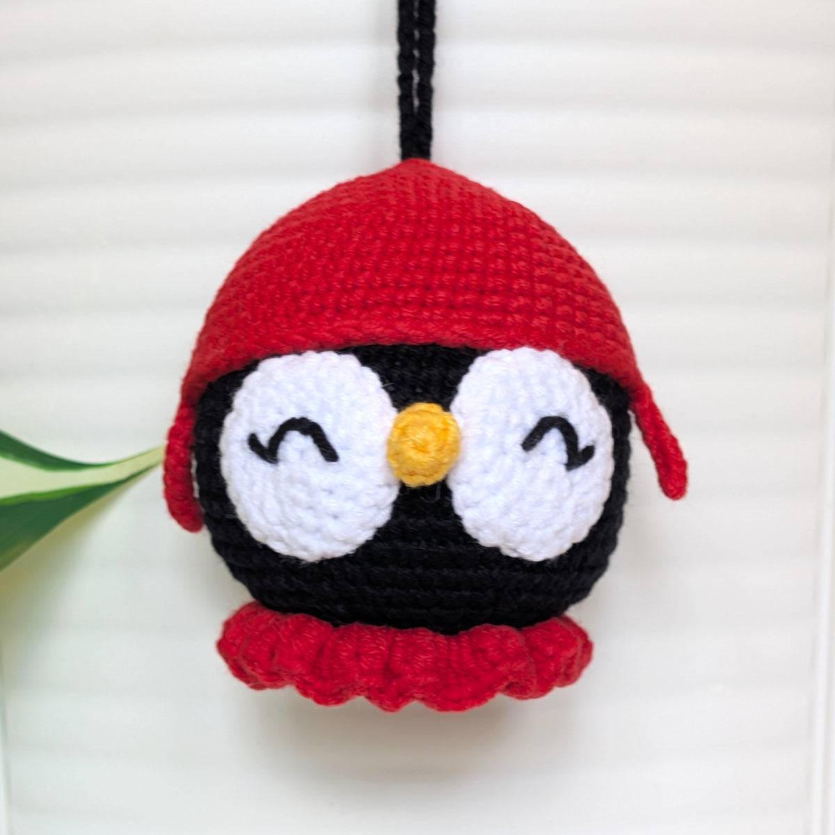 Penguin Head with Red Hat - Crochet Ornament