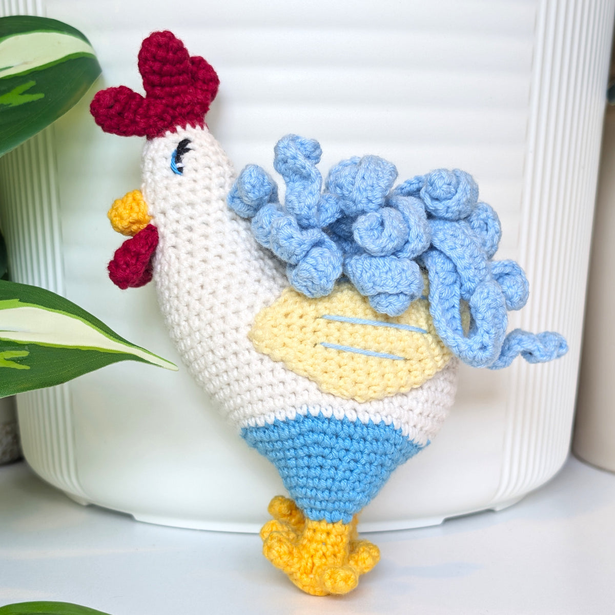 Rooster in Caribbean Blue Pants - Handmade Crochet Plushie