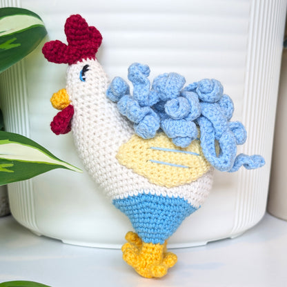 Rooster in Caribbean Blue Pants - Handmade Crochet Plushie