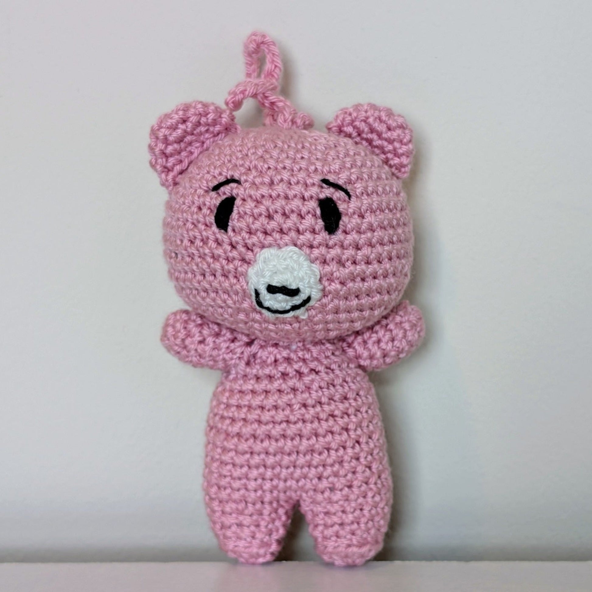 Lilac crocheted mini teddy bear bag charm with string