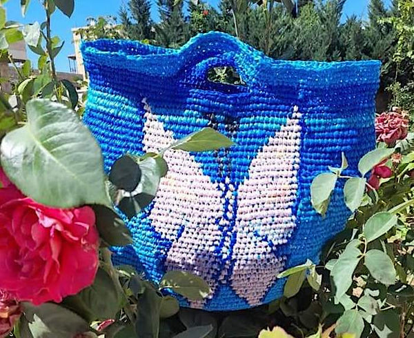 Blue Upcycled Bag with Butterfly